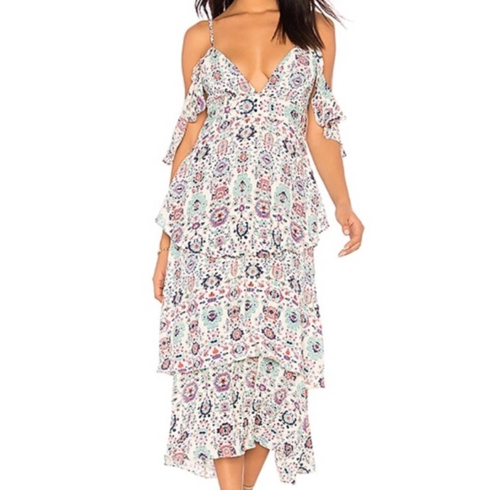 Saylor Dress‎ Floral Cold Shoulder Ruffle Tiered Midi Dress Sz XS